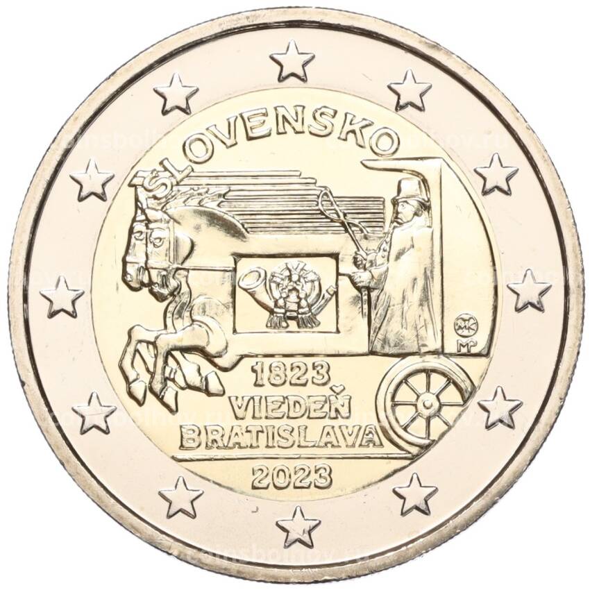 Монета 2 евро 2023 года Словакия «200 лет со дня открытия конной почты на маршруте Вена-Братислава»