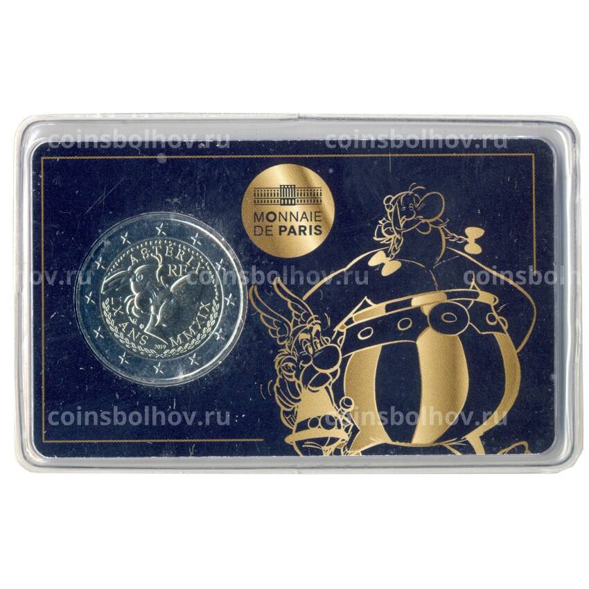 Монета 2 евро 2019 года Франция — 60 лет Астериксу в подарочном блистере (Астерикс и Обеликс на блистере)