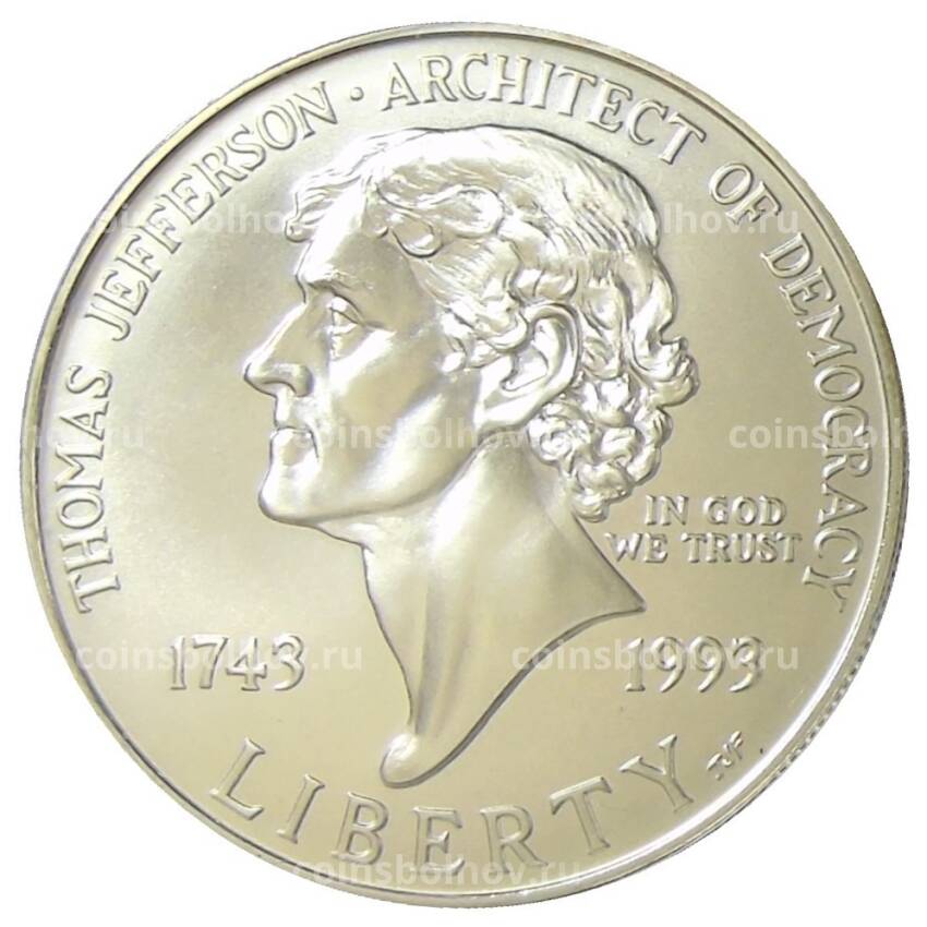 Монета 1 доллар 1993 года P США — 250 лет со дня рождения Томаса Джефферсона