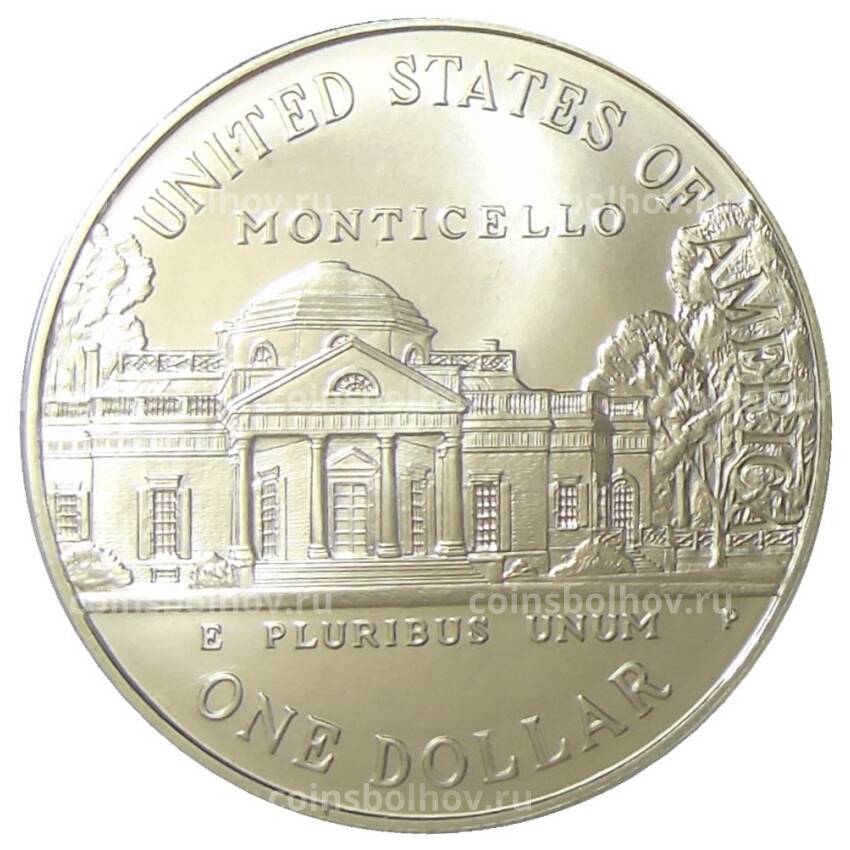 Монета 1 доллар 1993 года P США — 250 лет со дня рождения Томаса Джефферсона (вид 2)