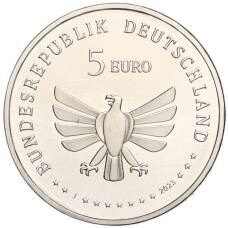 Монета 5 евро 2023 года J Германия «Чудесный мир насекомых — Полосатая красавка» (реверс)