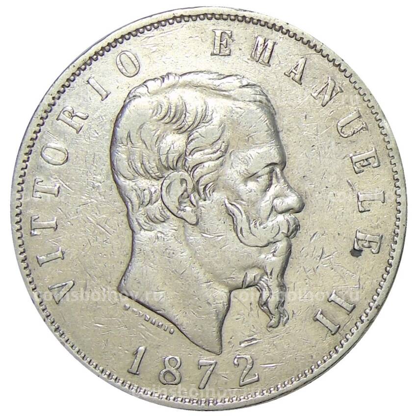 Монета 5 лир 1872 года М Италия
