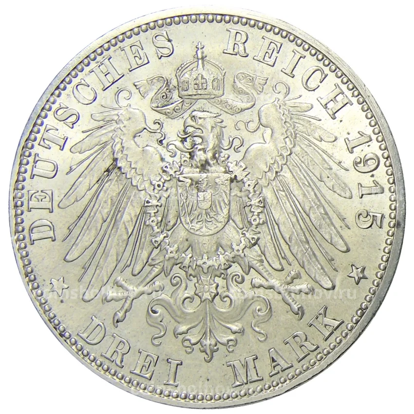 Монета 3 марки 1915 года  Германия (Саксен-Мейнинген) — Смерть Георга II Саксен-Мейнингенского (вид 2)