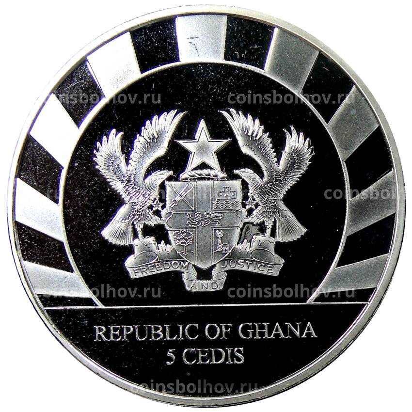 Монета 5 седи 2019 года Гана — Гиганты Ледникового периода — Гигантский олень (вид 2)
