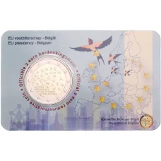 Монета 2 евро 2024 года Бельгия «Председательство Бельгии в Европейском Союзе» (текст на лицевой стороне блистера на фламандском и английском) (аверс)