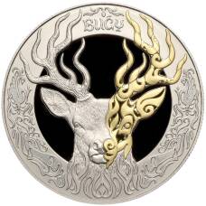 Монета 200 тенге 2020 года Казахстан — «Культовые животные тотемы кочевников —Олень»(в коробке) (аверс)