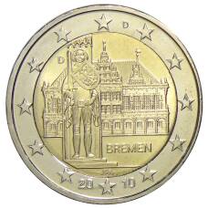 Монета 2 евро 2010 года D Германия — Городская ратуша и Роланд, Бремен (аверс)