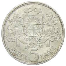 Монета 5 лат 1931 года Латвия (аверс)