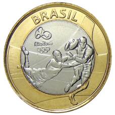 Монета 1 реал 2015 года Бразилия XXXI летние Олимпийские Игры, Рио-де-Жанейро 2016 — Регби (аверс)