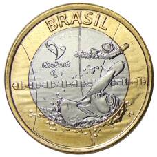 Монета 1 реал 2016 года Бразилия XV летние Паралимпийские игры, Рио-де-Жанейро 2016 — Паралимпийское плавание (аверс)