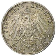 Монета 3 марки 1911 года F Германия (Вюртемберг) —  «25 лет свадьбе Вильгельма II и Шарлотты» (реверс)
