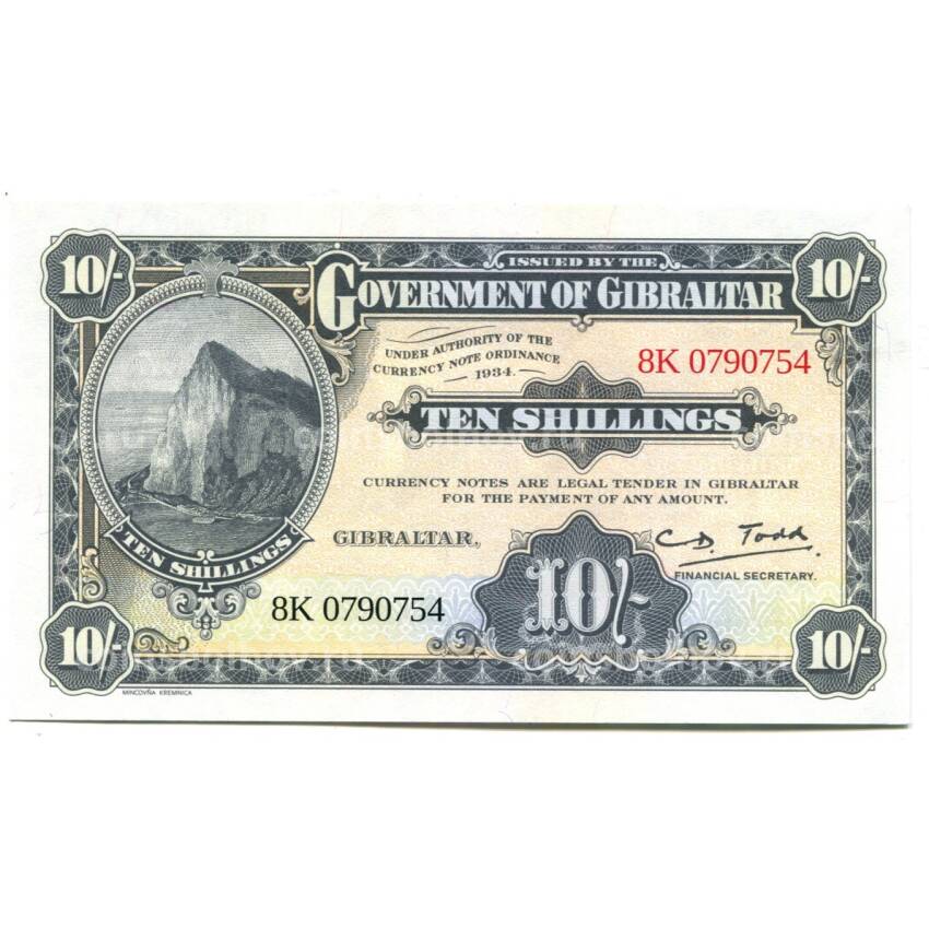 Банкнота 10 шиллингов 1934 года Гибралтар — Официальный репринт 2018 года