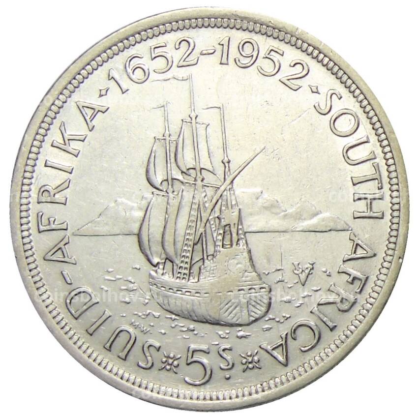 Монета 5 шиллингов 1952 года ЮАР — 300 лет основанию Кейптауна