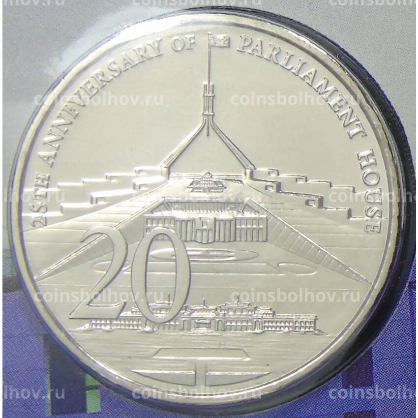 Монета 20 центов  2013 года Австралия — 25 лет Зданию парламента (в конверте с маркой)