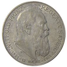 Монета 2 марки 1911 года D Германия (Бавария) — 90 лет со дня рождения Луитпольда Баварского (аверс)
