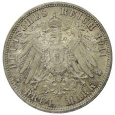 Монета 3 марки 1911 года F Германия (Вюртемберг) — 25 лет свадьбе Вильгельма II и Шарлотты (реверс)