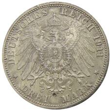 Монета 3 марки 1911 года F Германия (Вюртемберг) — 25 лет свадьбе Вильгельма II и Шарлотты (реверс)