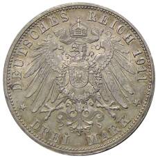 Монета 3 марки 1911 года F Германия (Вюртемберг) — 25 лет свадьбе Вильгельма II и Шарлотты (реверс)