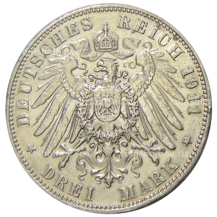 Монета 3 марки 1911 года E Германия (Cаксония) (вид 2)