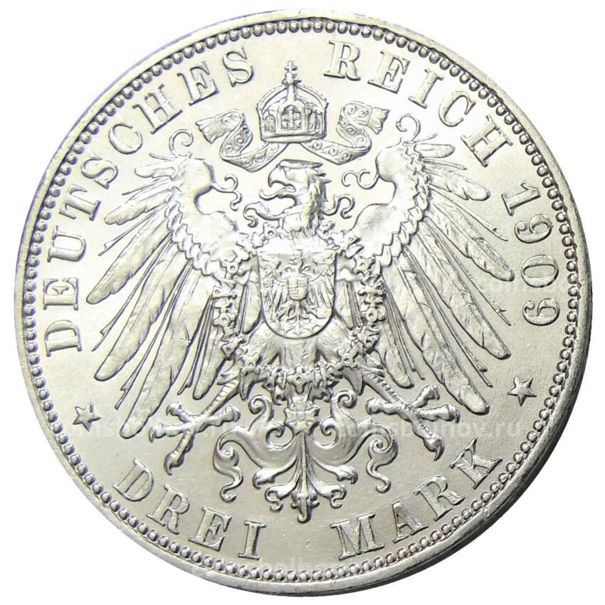 Монета 3 марки 1909 года E Германия (Саксония) (вид 2)