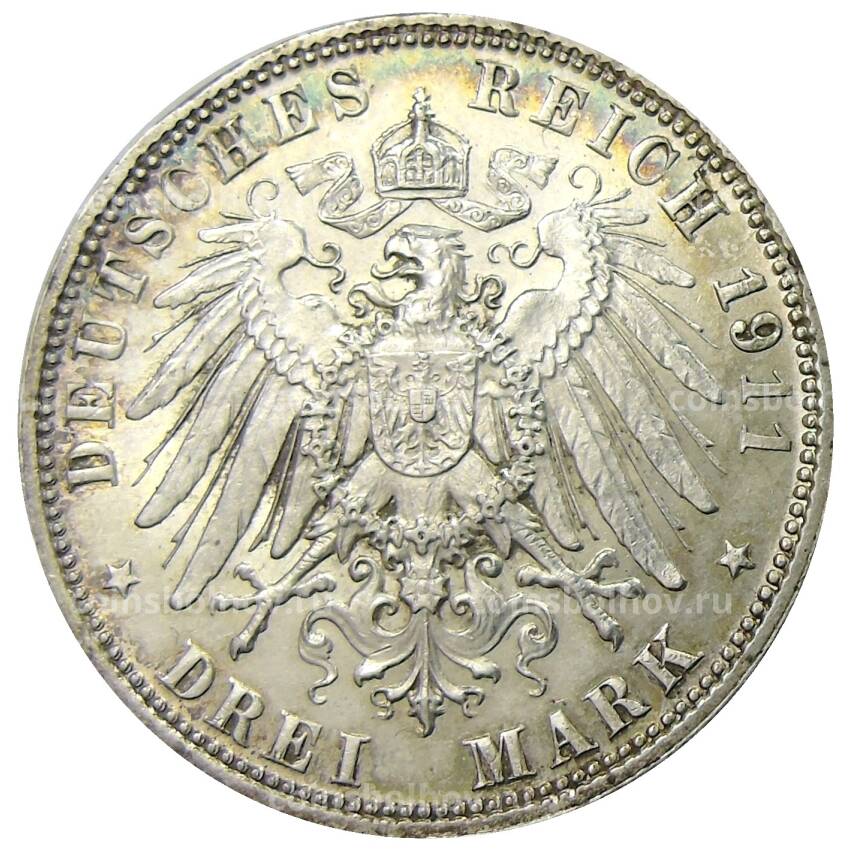 Монета 3 марки 1911 года  D Германия (Бавария) — 90 лет со дня рождения Луитпольда Баварского (вид 2)