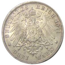 Монета 3 марки 1911 года F Германия (Вюртемберг) — 25 лет свадьбе Вильгельма II и Шарлотты (реверс)