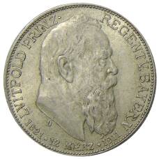 Монета 2 марки 1911 года D Германия (Бавария) — 90 лет со дня рождения Луитпольда Баварского (аверс)