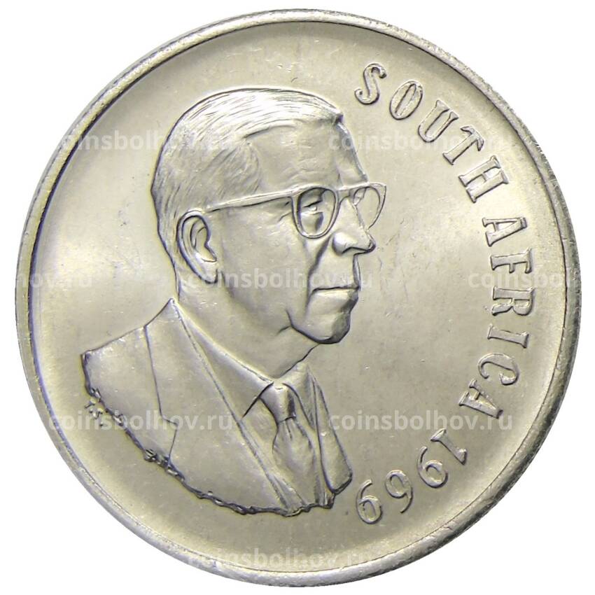 Монета 1 рэнд 1969 года ЮАР- Окончание президентства Теофилуса Дёнгеса (SOUTH AFRICA)