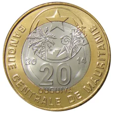 Монета 20 угий 2014 года Мавритания (аверс)