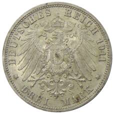 Монета 3 марки 1911 года F Германия (Вюртемберг) — 25 лет свадьбе Вильгельма II и Шарлотты (реверс)