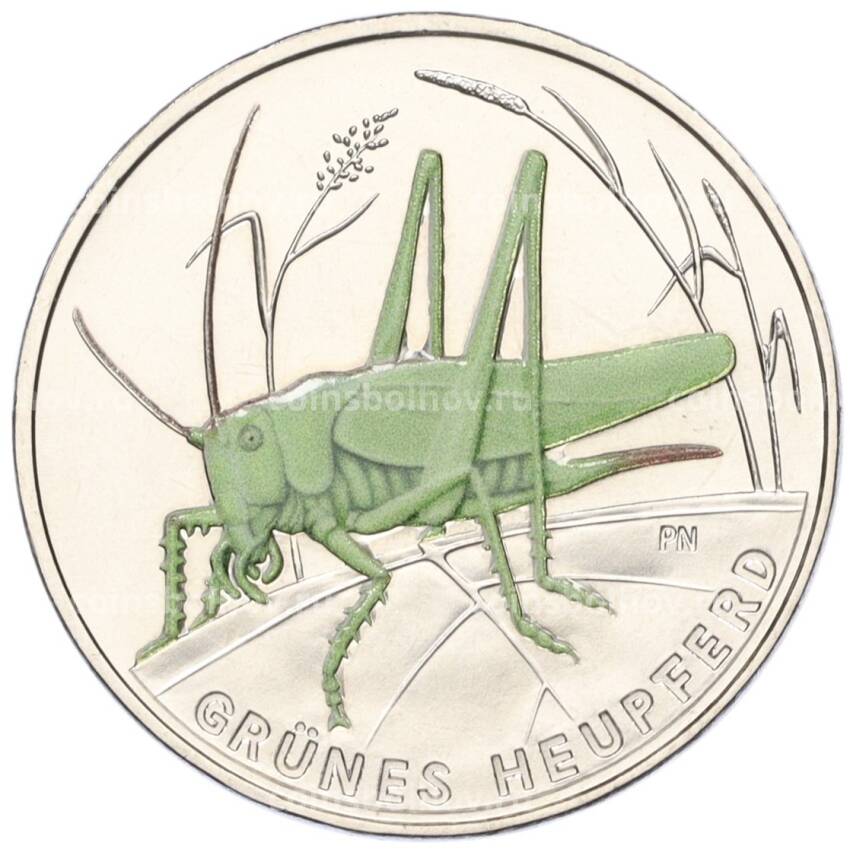Монета 5 евро 2024 года А Германия «Чудесный мир насекомых — Зелёный кузнечик»