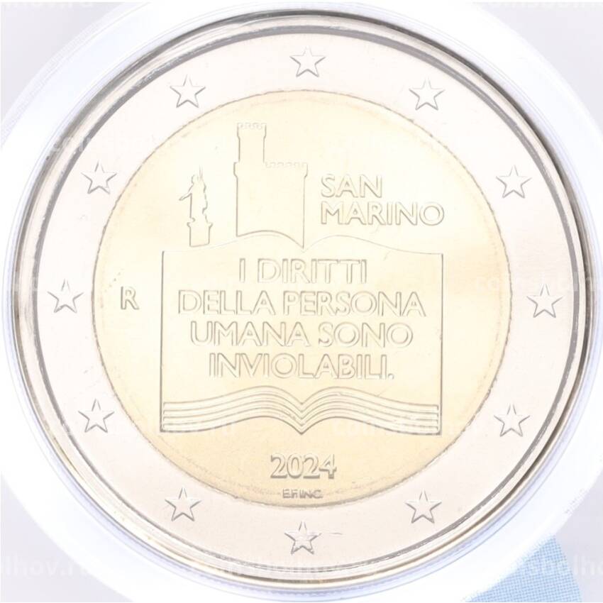 Монета 2 евро 2024 года Сан-Марино «50 лет Декларации гражданских прав и основополагающих принципов правовой системы Сан-Марино» (в буклете)