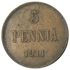 Монета 5 пенни 1911 года Русская Финляндия (аверс)