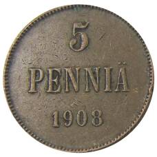 Монета 5 пенни 1908 года Русская Финляндия (аверс)