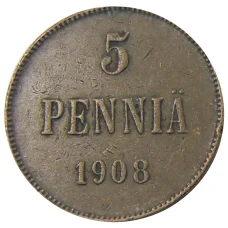 Монета 5 пенни 1908 года Русская Финляндия (аверс)