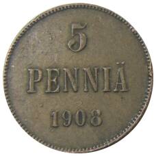 Монета 5 пенни 1908 года Русская Финляндия (аверс)