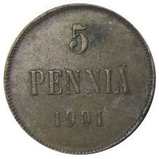 Монета 5 пенни 1901 года Русская Финляндия (аверс)