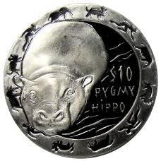 Монета 10 долларов 2008 года Либерия —  Бегемот (аверс)