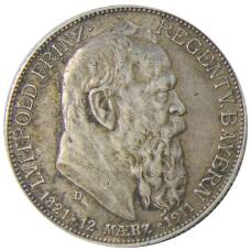 Монета 2 марки 1911 года D Германия (Бавария) — 90 лет со дня рождения Луитпольда Баварского (аверс)