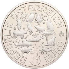 Монета 3 евро 2018 года Австрия «Животные со всего мира — Сова» (реверс)