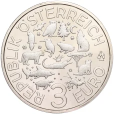 Монета 3 евро 2017 года Австрия «Животные со всего мира — Волк» (реверс)