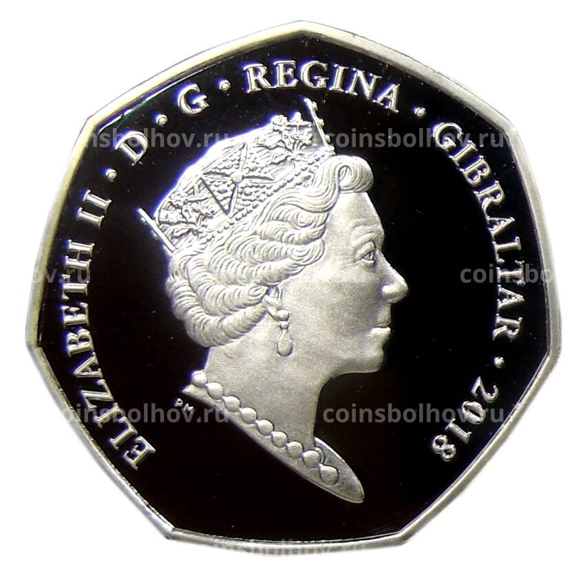 Монета 50 пенсов 2018 года Гибралтар — Дед  Мороз  (цветное покрытие, в коробке) (вид 2)