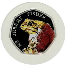 Монета 50 пенсов 2017 года Великобритания «150 лет со дня рождения Беатрис Поттер — Джереми Фишер» (в коробке) (аверс)