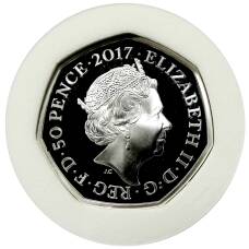 Монета 50 пенсов 2017 года Великобритания «150 лет со дня рождения Беатрис Поттер — Джереми Фишер» (в коробке) (реверс)