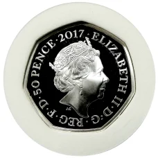 Монета 50 пенсов 2017 года Великобритания «150 лет со дня рождения Беатрис Поттер — Джереми Фишер» (в коробке) (реверс)