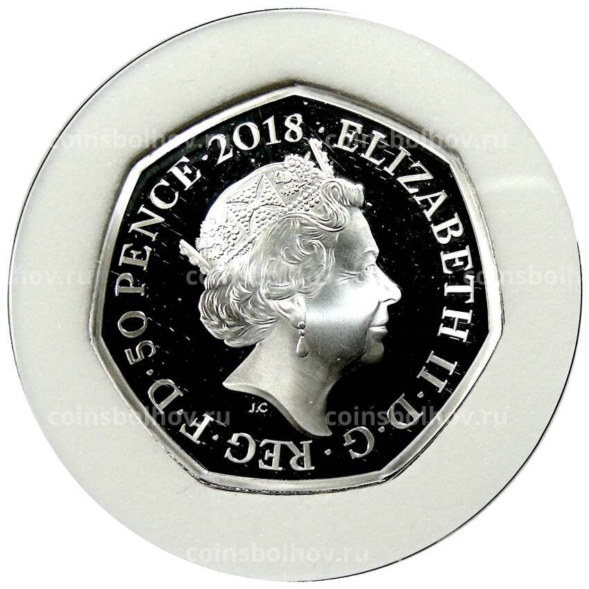 Монета 50 пенсов 2018 года Великобритания «150 лет со дня рождения Беатрис Поттер — Миссис Мыштон» (в коробке) (вид 2)