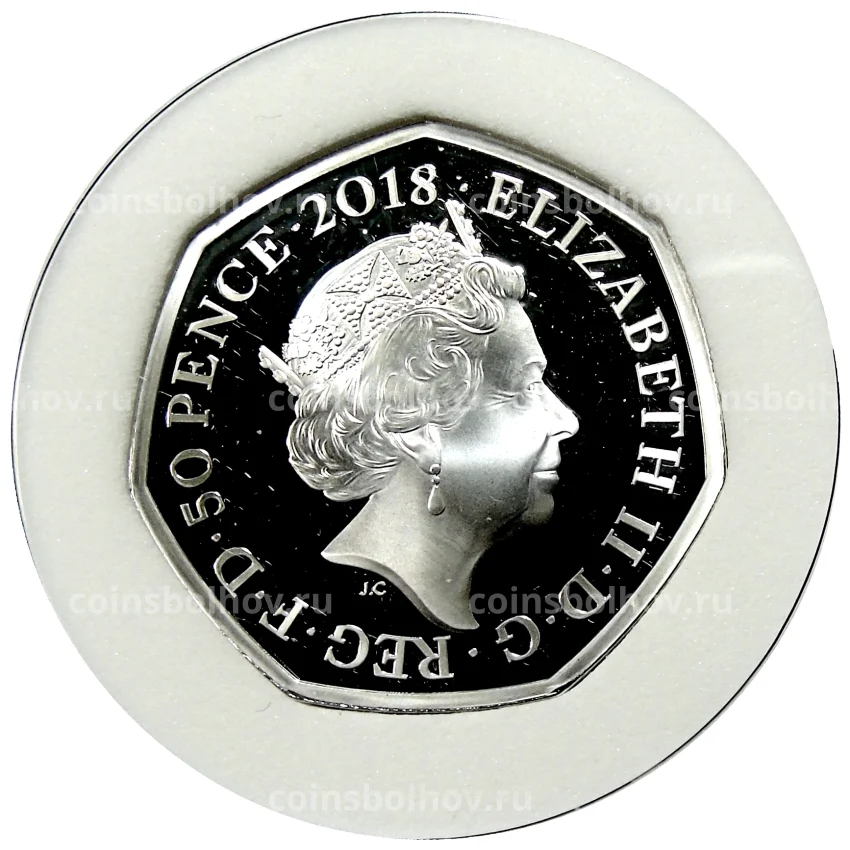 Монета 50 пенсов 2018 года Великобритания «150 лет со дня рождения Беатрис Поттер — Миссис Мыштон» (в коробке) (вид 2)