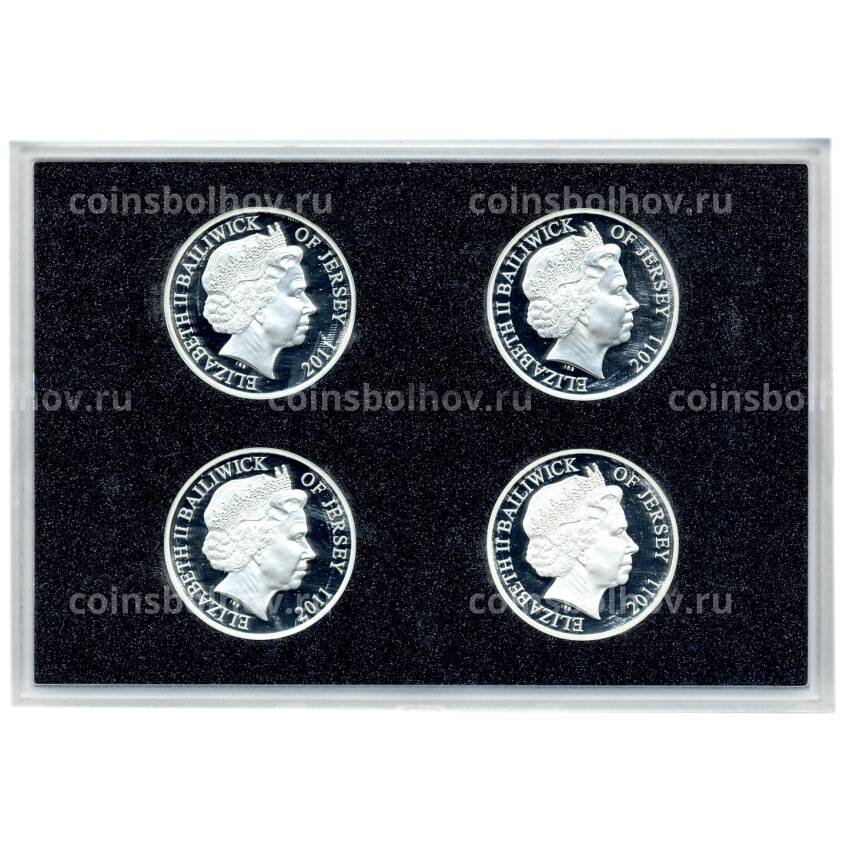 Набор из 4 монет 5 фунтов 2011 года Джерси — Дух Нации (цветной, в подарочной коробке) (вид 2)