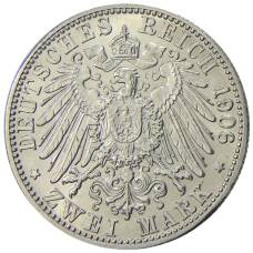 Монета 2 марки 1906 года  Германия (Баден) — 50 лет свадьбе Фридриха I и Луизы Прусской (реверс)