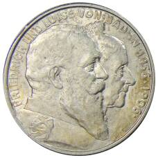 Монета 2 марки 1906 года  Германия (Баден) — 50 лет свадьбе Фридриха I и Луизы Прусской (аверс)